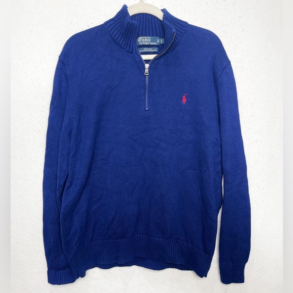 POLO Ralph Lauren Men's 100% Cotton Quarter-Zip Knit Dark Navy Blue Sweater - Picture 2 of 6